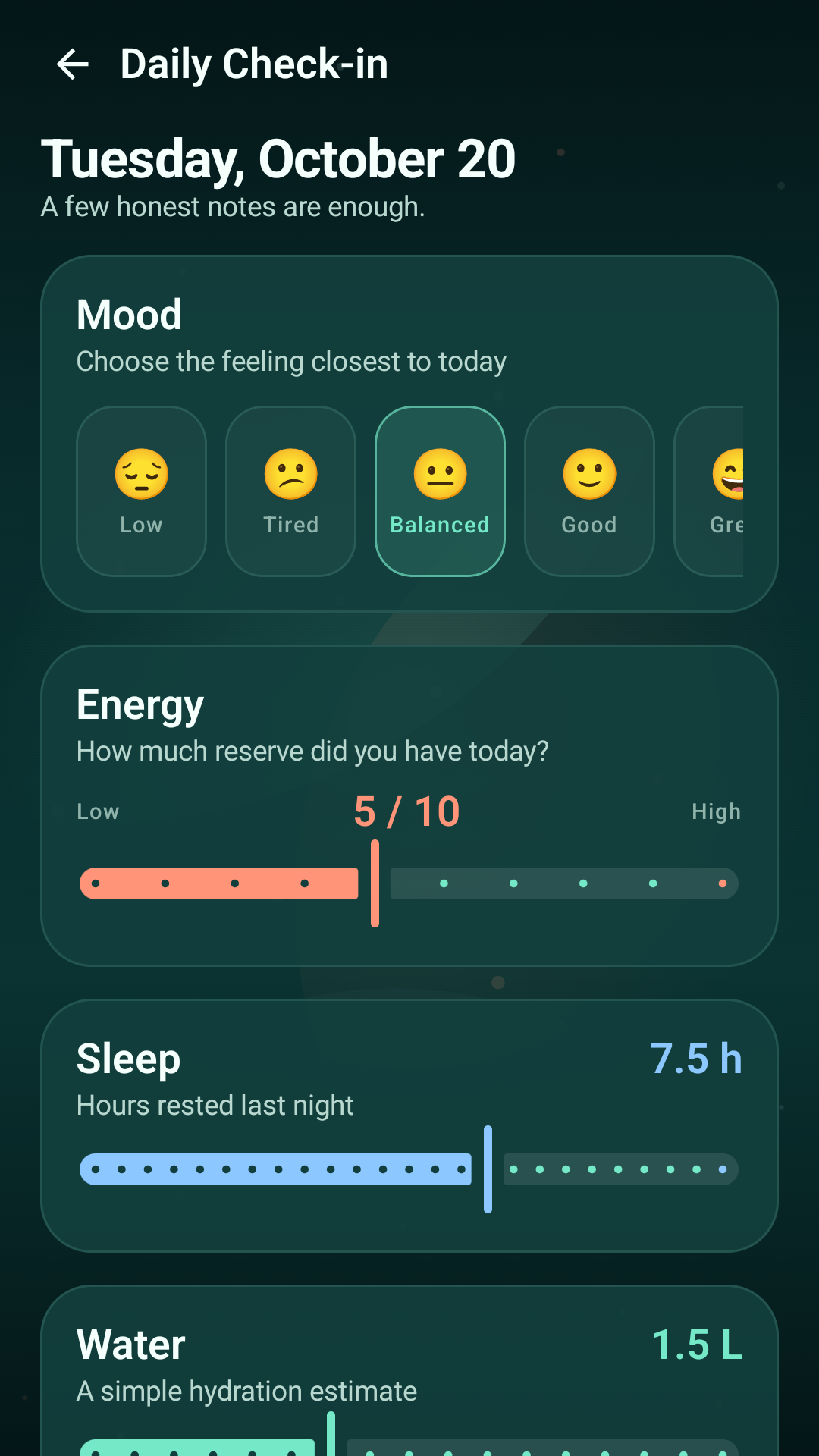 Daily Check-in screen with mood, energy, sleep and water controls